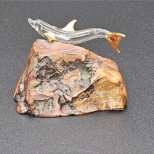 Raw Natural Wood Clear Glass Dolphin Figurine GoldTone Tip Finish 1.5" VTG Décor